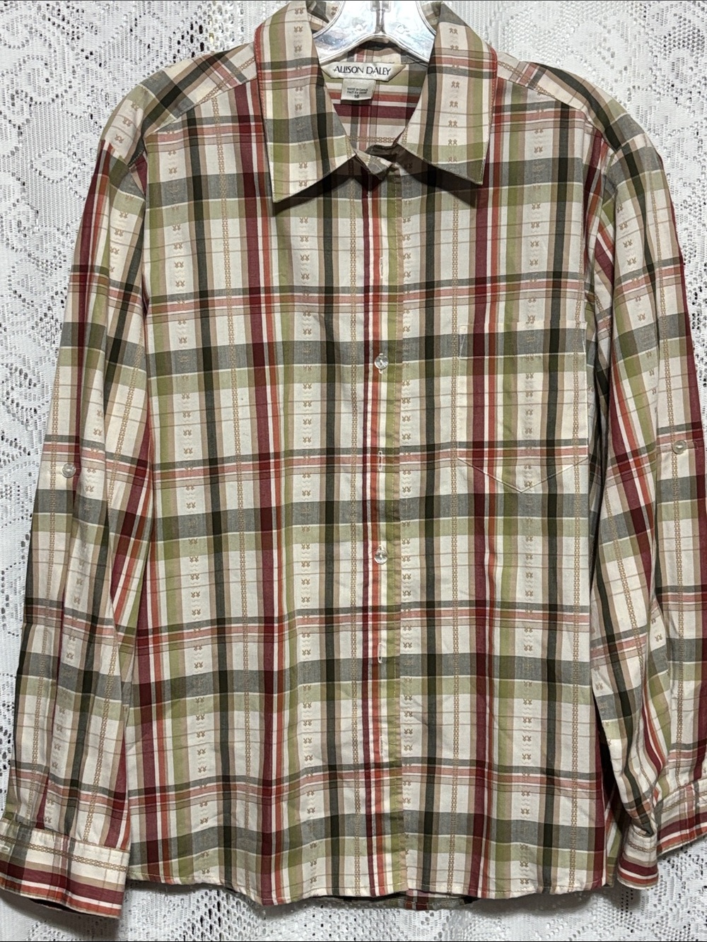 Allison Daley Women’s Long-Sleeve Plaid Button-Down Shirt — Olive, Red, Cream